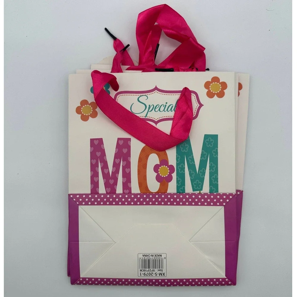 Mothers Day Birthday Mom Gift Bag Pink Ribbon Handles and Glitter Accents 9x7in